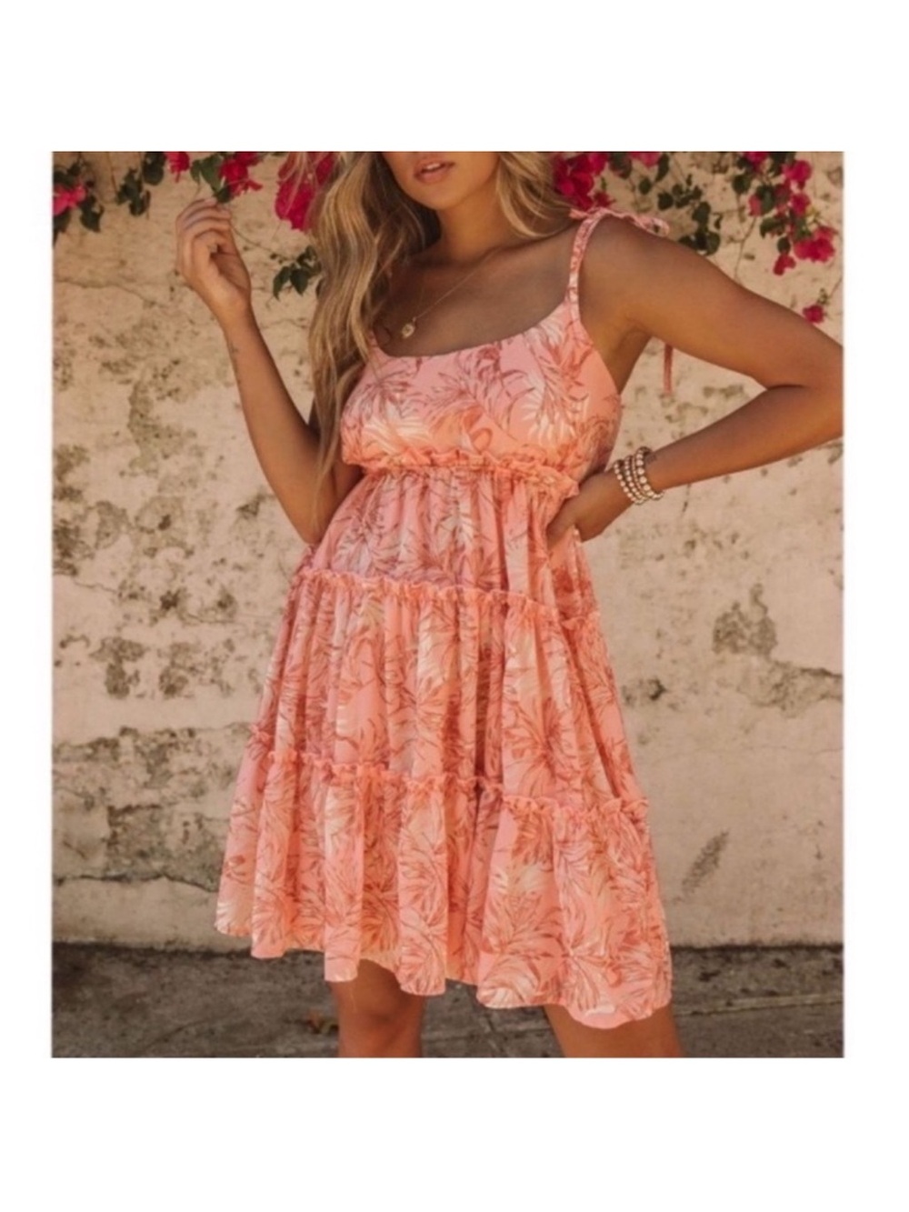 Vici Coral Pink Tiered Midi Dress with Leaf Print